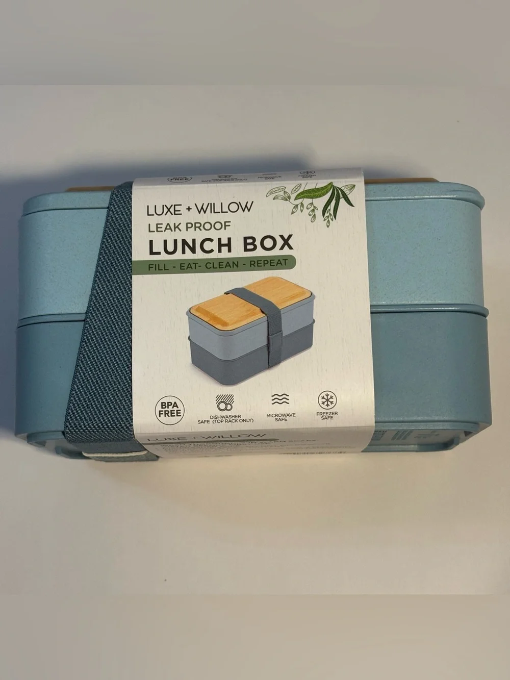NWT Bento Box Nesting Lunch Box 2 Tier Leak Proof Cutlery Blue Bamboo Lid